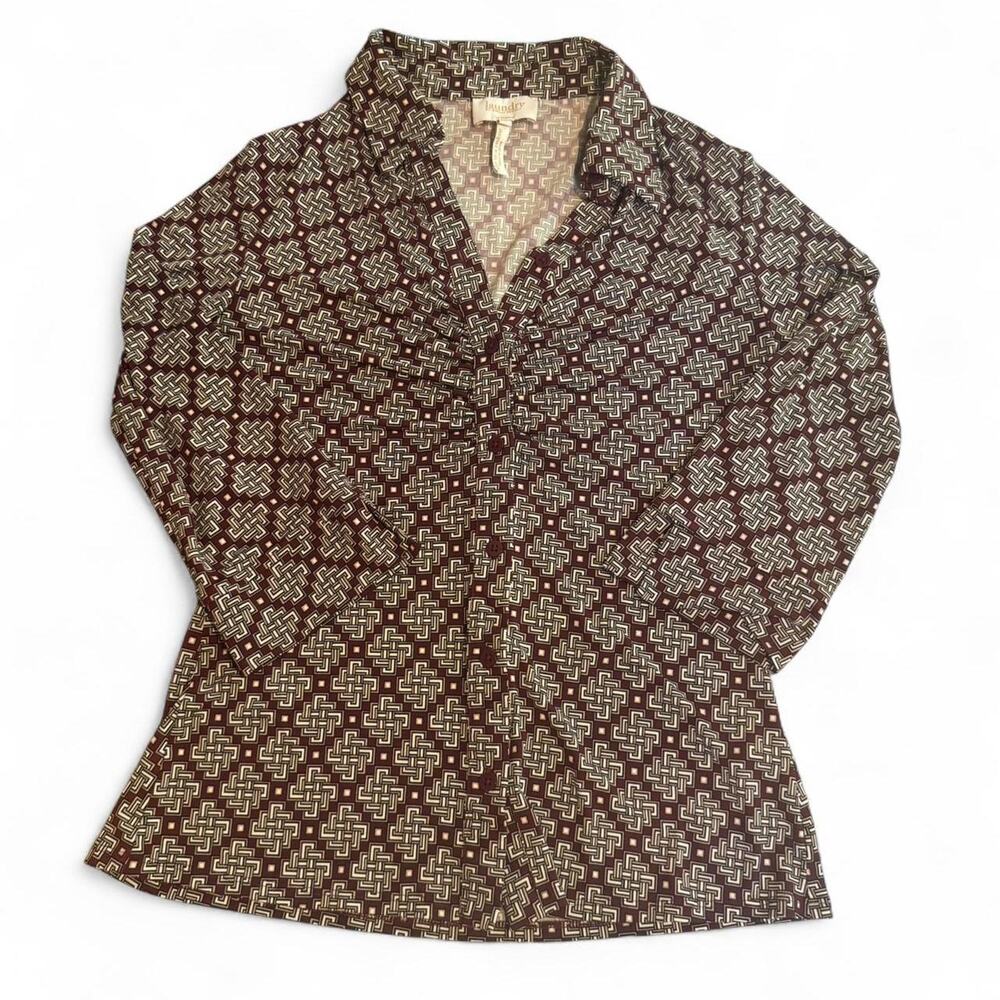 Laundry by Shelli Segal Geometric Blouse Brown & Cream Button Up Chic Boho 70s